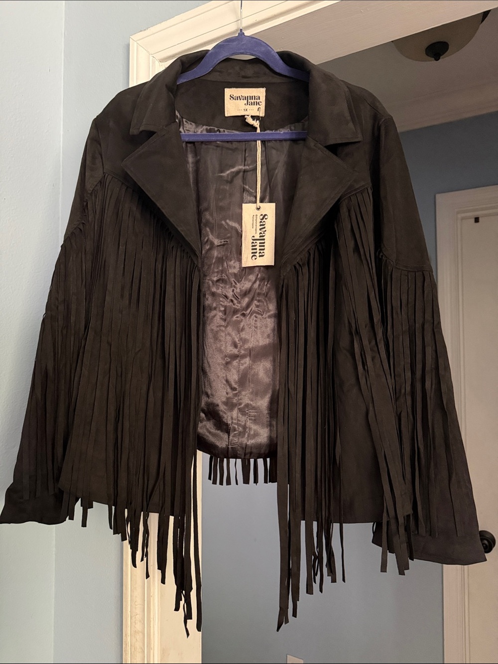 Savanna Jane Black Suede Feel Fringe Jacket with Satin Lining